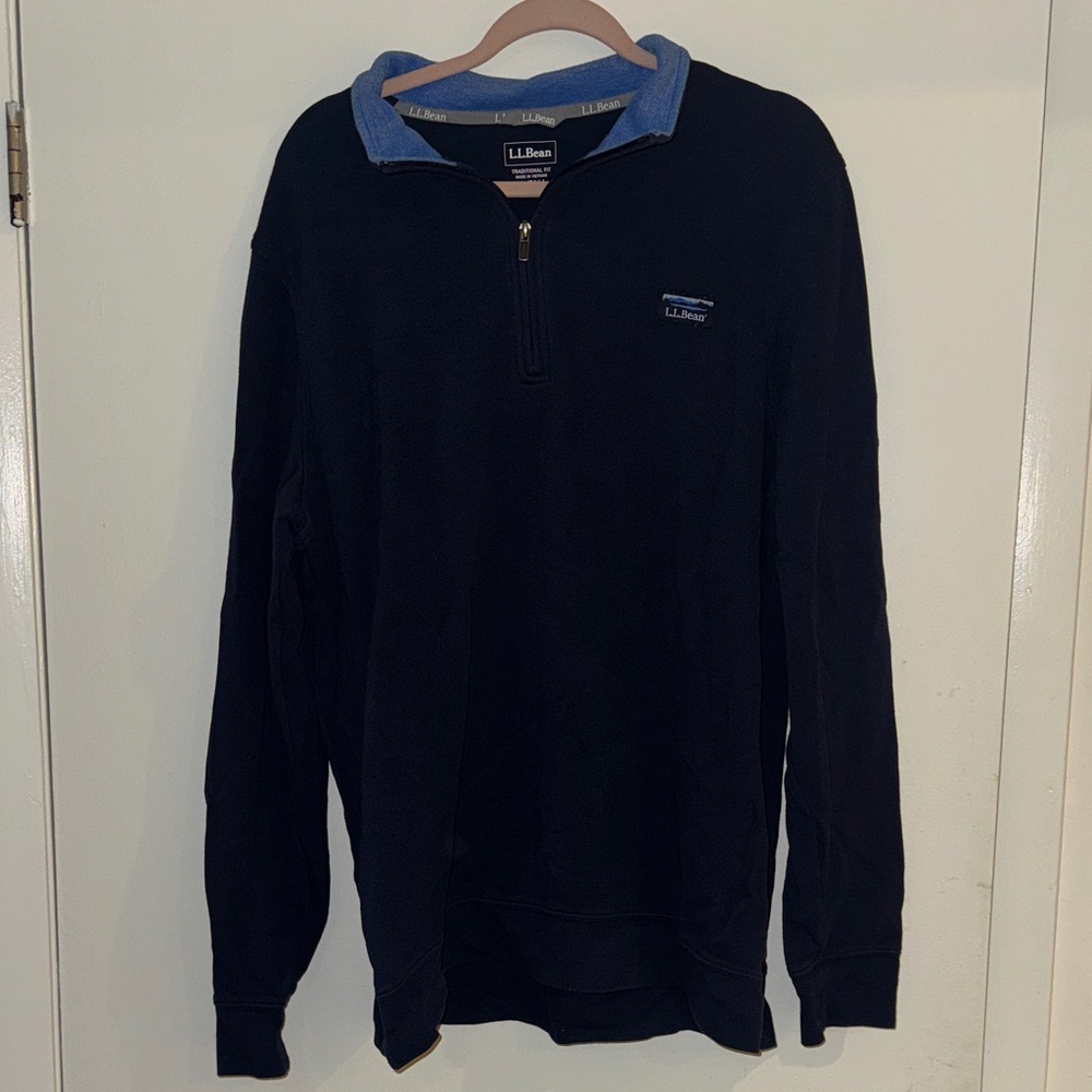 L.L. Bean Men’s Navy Half-Zip Sweater with Light Blue Collar